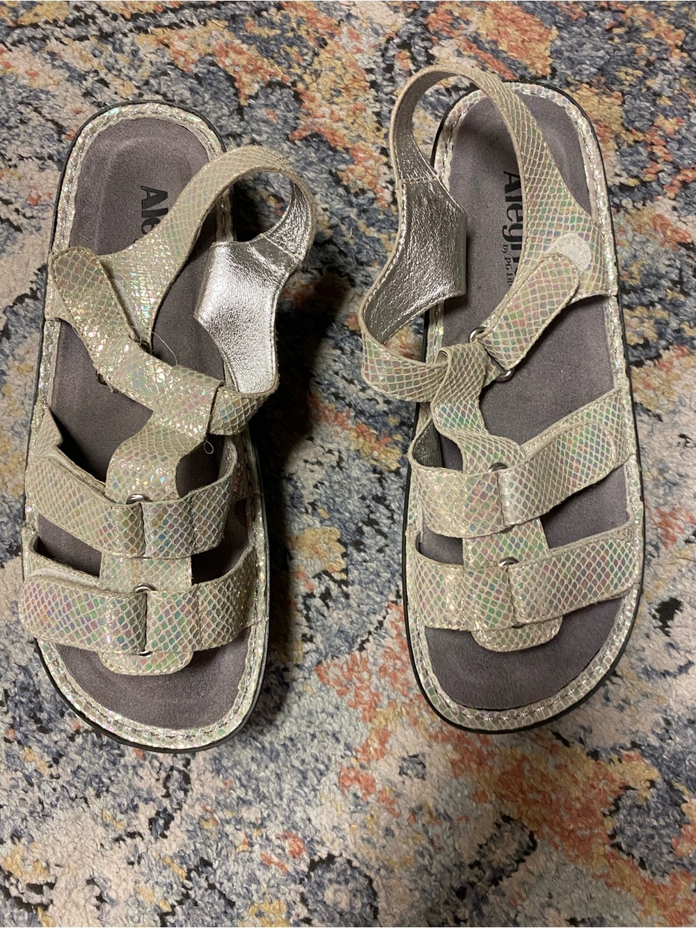 Alegria Kids Iridescent Snake-Print Sandals in Shimmering Beige